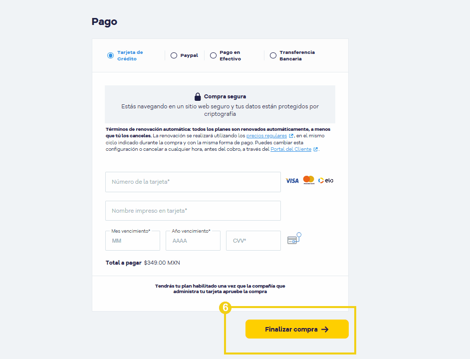 Pantalla de pago en línea para la transferencia de un dominio, destacando opciones de tarjeta de crédito, cupón de pago, Paypal y QR, con el botón de realizar pago en destaque