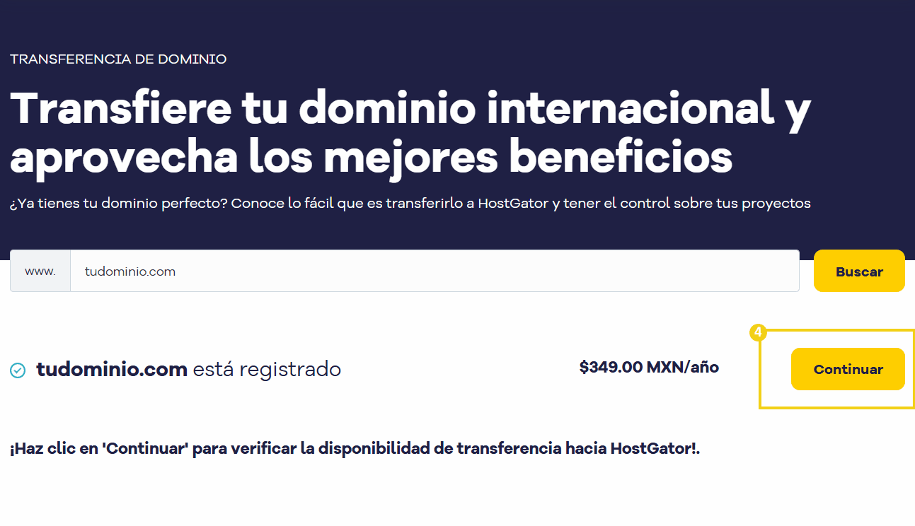 Imagen de una página del HostGator promoviendo transferencia administrativa de dominio internacional