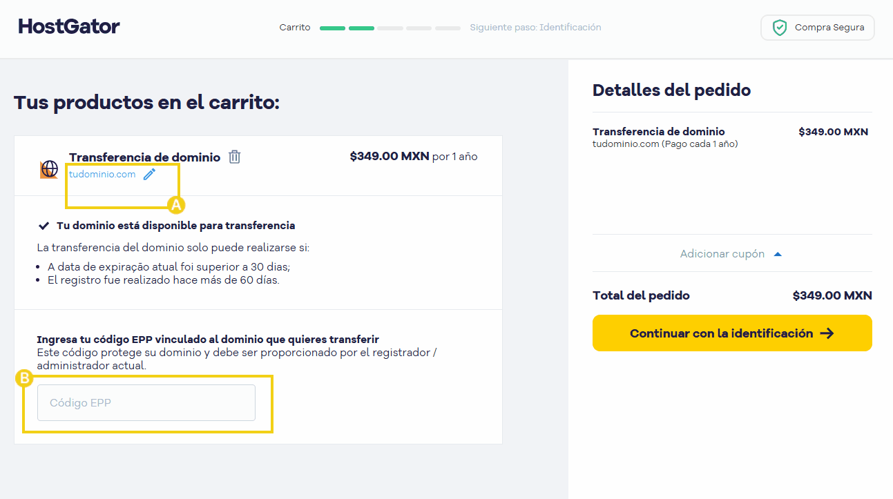 Pantalla de configuración de transferencia de dominio en HostGator, mostrando el campo para ingresar el código EPP vinculado al dominio