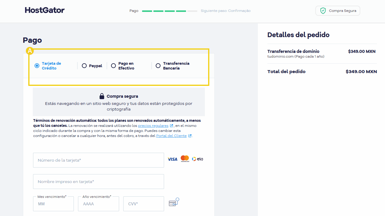 Imagen de la pantalla de pago para la transferencia de dominio, destacando opciones como tarjeta de crédito, cupón de pago, Paypal y QR, con detalles sobre la finalización de la compra