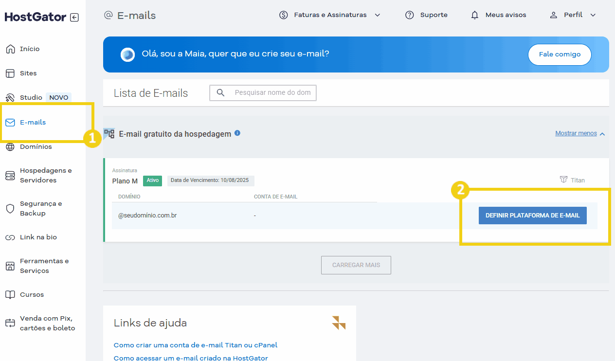 Pantalla de la plataforma HostGator mostrando la pestaña de correo con énfasis en el botón de “Definir plataforma de correo electrónico"