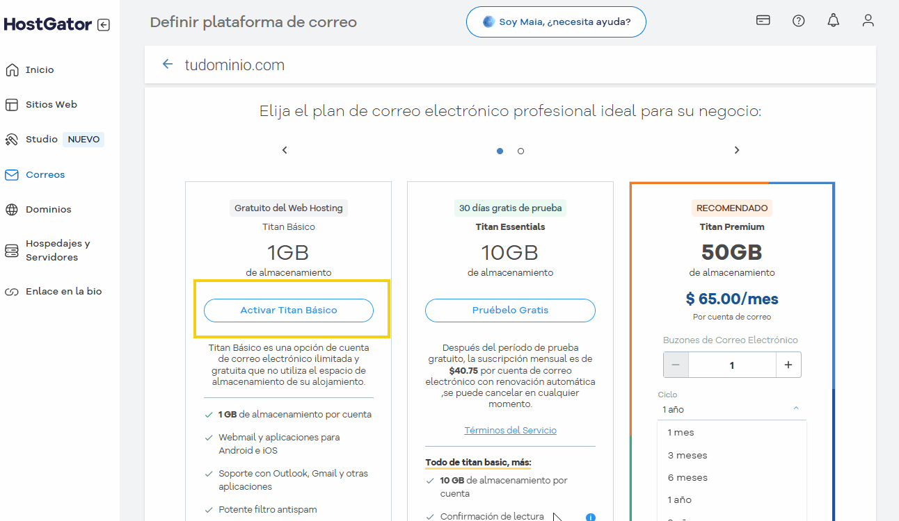 Pantalla de configuración de plataformas de correo en HostGator, con destaque para la selección de la plataforma Titan Free