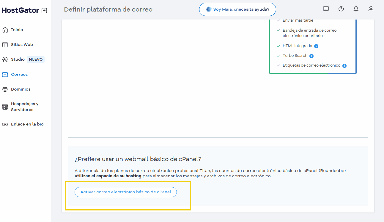Pantalla de configuración de plataforma de correo en cPanel, mostrando opciones para activar el webmail