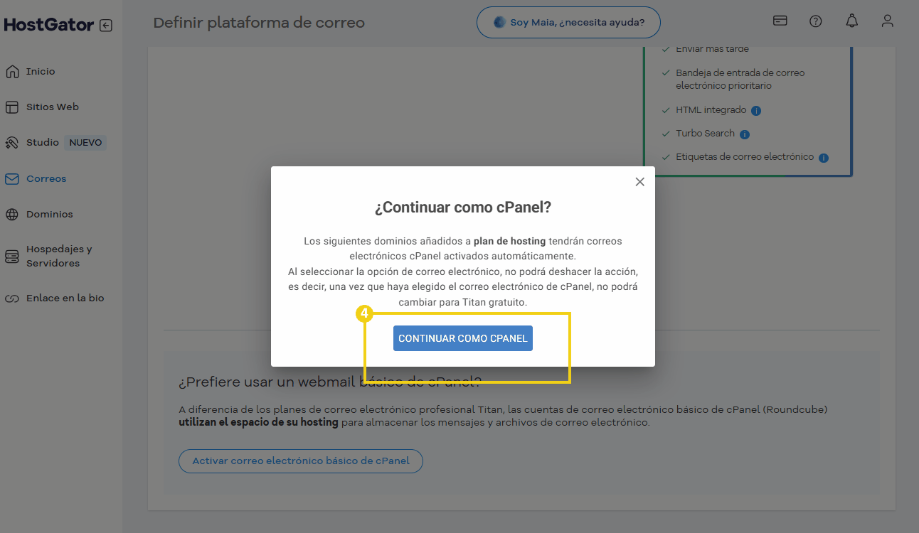 Pantalla de configuración del cPanel mostrando la opción de continuar con el proceso de creación de correo electrónico, destacando el botón “Continuar como cPanel” 