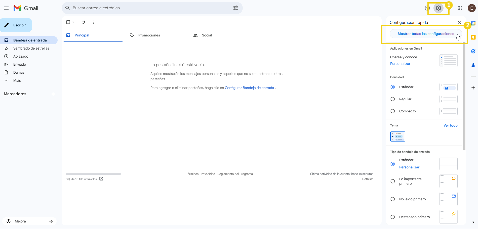 Captura de pantalla de la configuración de la bandeja de entrada de Gmail, mostrando opciones de configuraciones rápidas y menú de configuraciones.