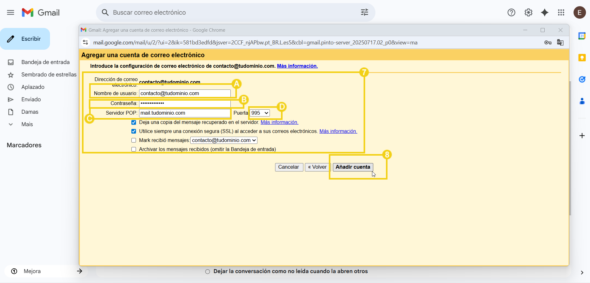 Imagen muestra la configuración para agregar cuenta de correo electrónico