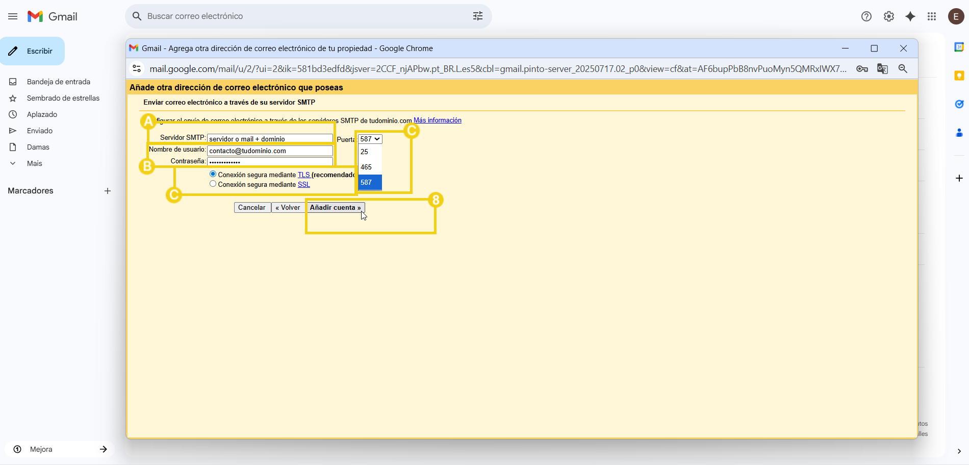 Imagen mostrando configuración de envío de correos electrónicos en un servidor SMTP, con detalles sobre dominio, puerto y conexión segura, paso a paso.