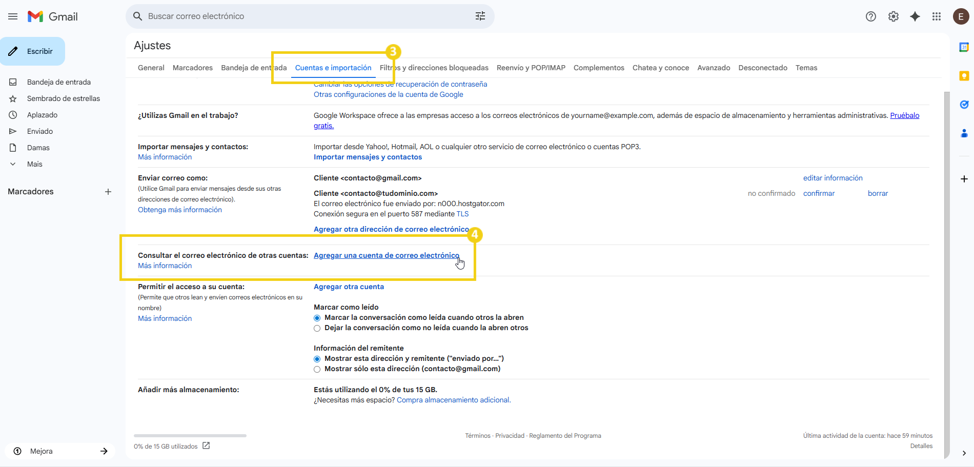 Imagen mostrando configuraciones de cuentas e importación de correos electrónicos en Gmail, con destaque en la opción de agregar otra dirección de correo electrónico.