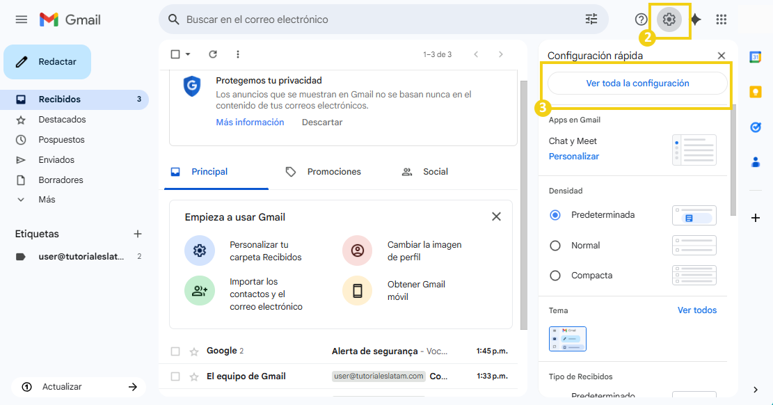Imagen de la pantalla de configuraciones rápidas en Gmail con destaque en la opción 'Ver todas las configuraciones' y íconos de recursos en la interfaz.