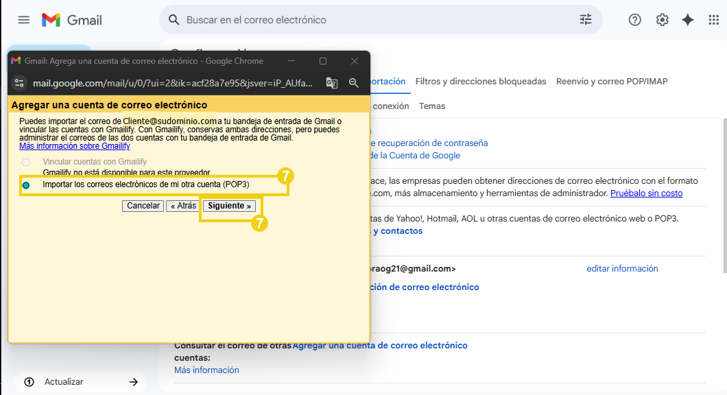 Pantalla de configuración para importar correos electrónicos de una cuenta externa en Gmail, con opciones de importación de correos electrónicos y botones de navegación.