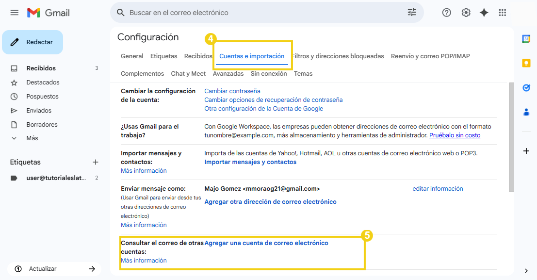 Pantalla de configuraciones de cuenta de correo electrónico en Gmail, destacando la opción 'Agregar una cuenta de correo electrónico' para la gestión de múltiples cuentas.