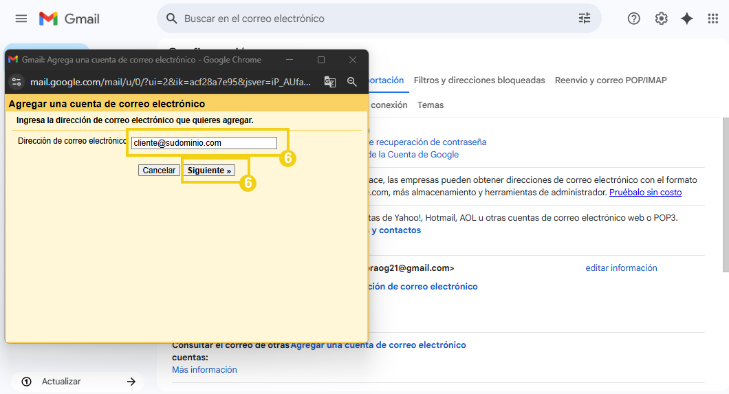 Imagen mostrando pasos para agregar una cuenta de correo electrónico en Gmail, destacando el campo de escritura de la dirección de correo electrónico y el botón 'Siguiente'.