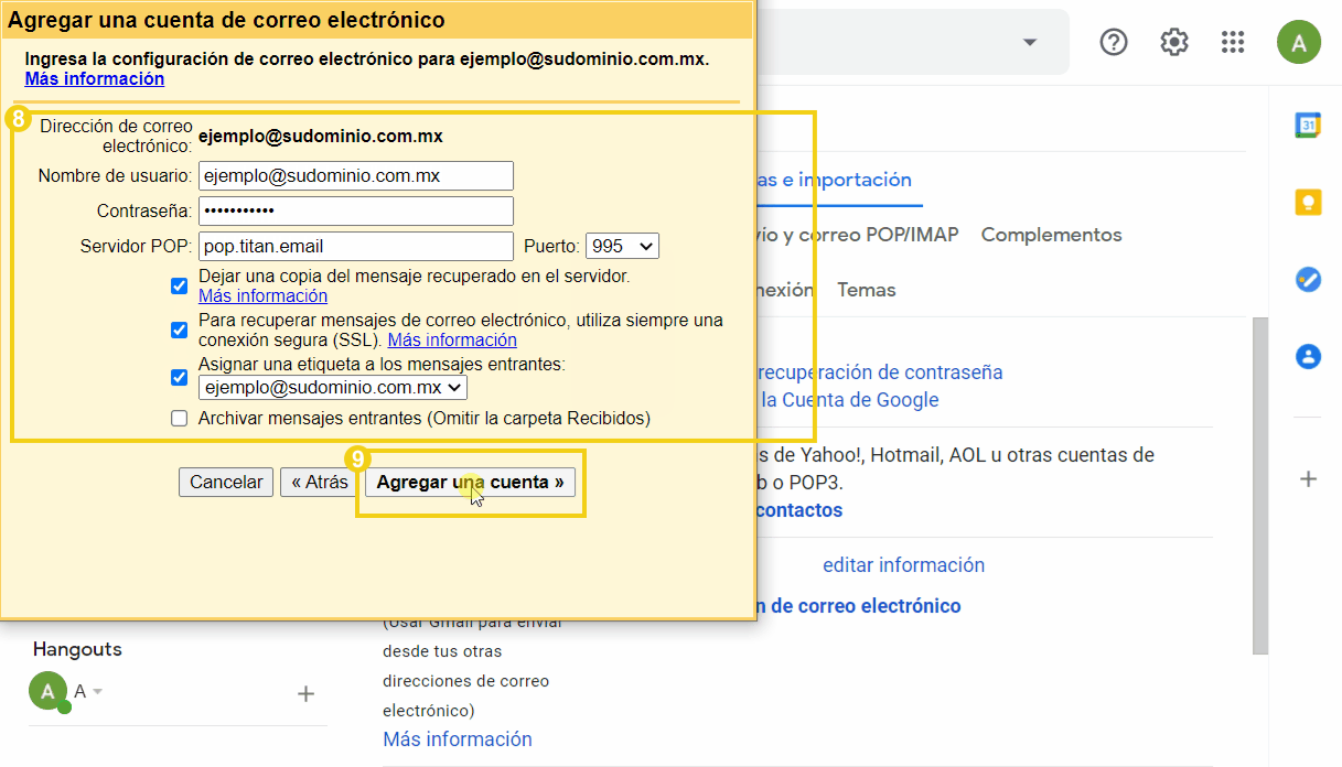 Imagen mostrando el proceso de adición de una cuenta de correo electrónico en Gmail, incluyendo configuraciones de servidor y opciones de mensaje.