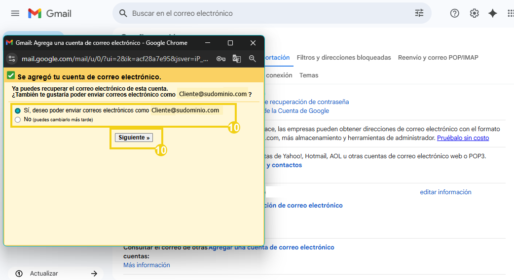 Pantalla de confirmación de adición de cuenta de correo electrónico en Gmail, destacando la opción de enviar correos como ejemplo@tudominio.com