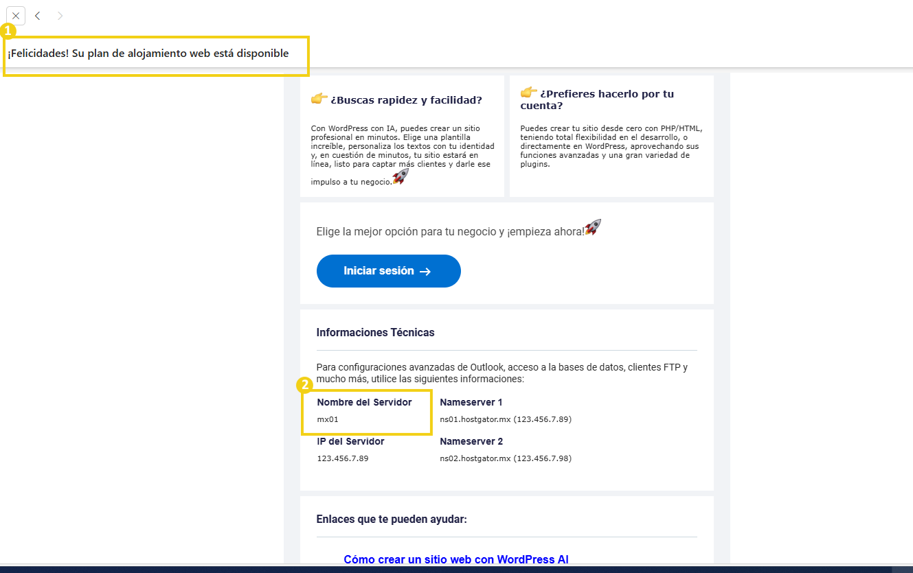 Imagen de correo electrónico de bienvenida del plan de alojamiento de sitios, mostrando información como el nombre del servidor y la IP, destacando el título del correo electrónico y la información del nombre del servidor.