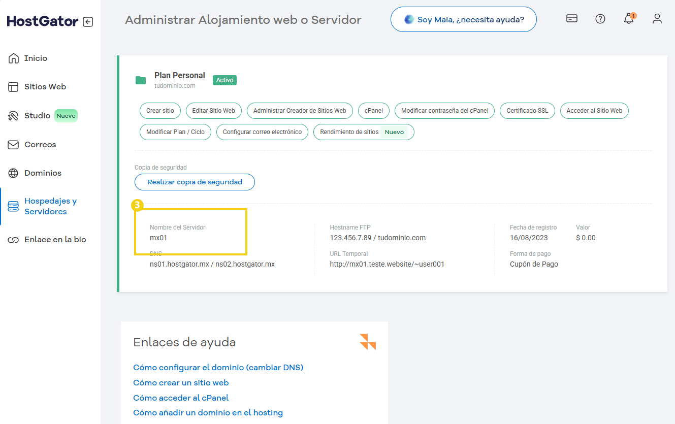 Pantalla de gestión de alojamiento de servidor en la plataforma HostGator, mostrando detalles de copias de seguridad, nombres de servidores y configuraciones de DNS.