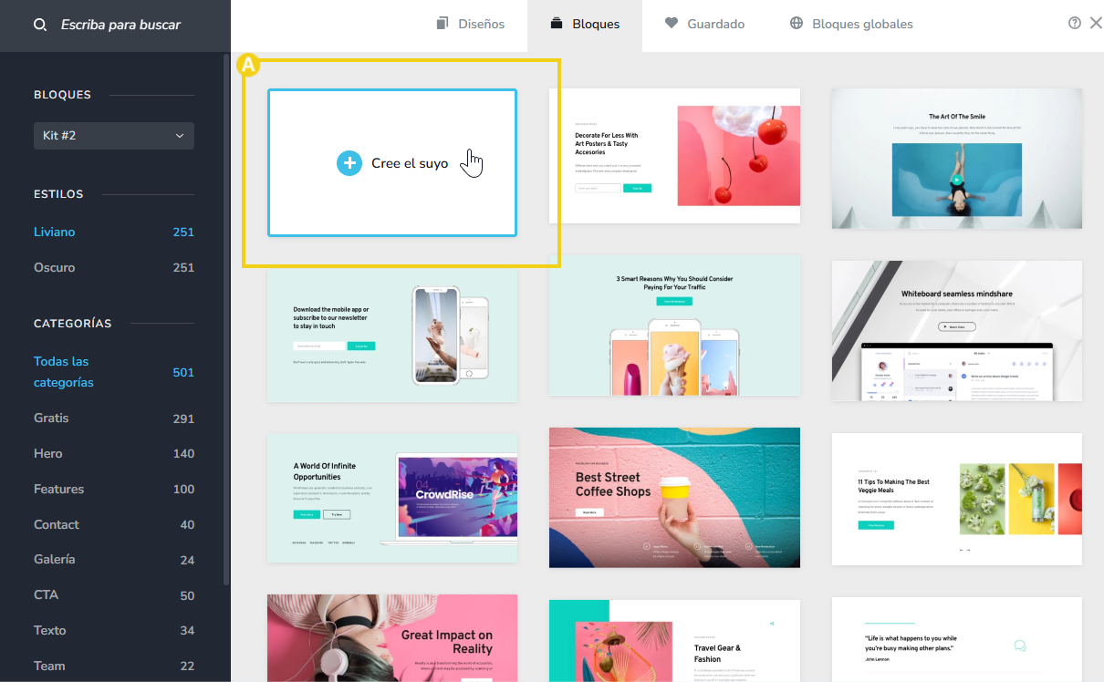 pantalla del editor del nuevo creador de sitios con ia, destacando en la parte de bloques, el botón para crear propio formulario