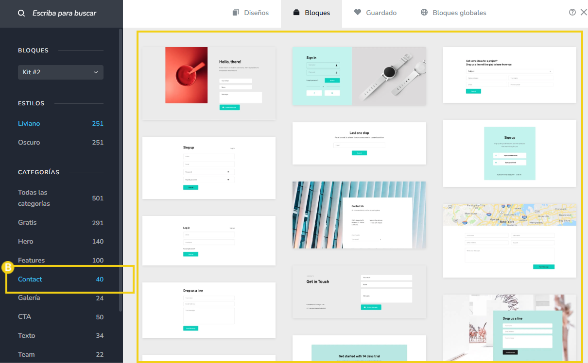 Pantalla del Editor del nuevo creador de sitios con ia, mostrando el elegir una plantilla lista de formulario