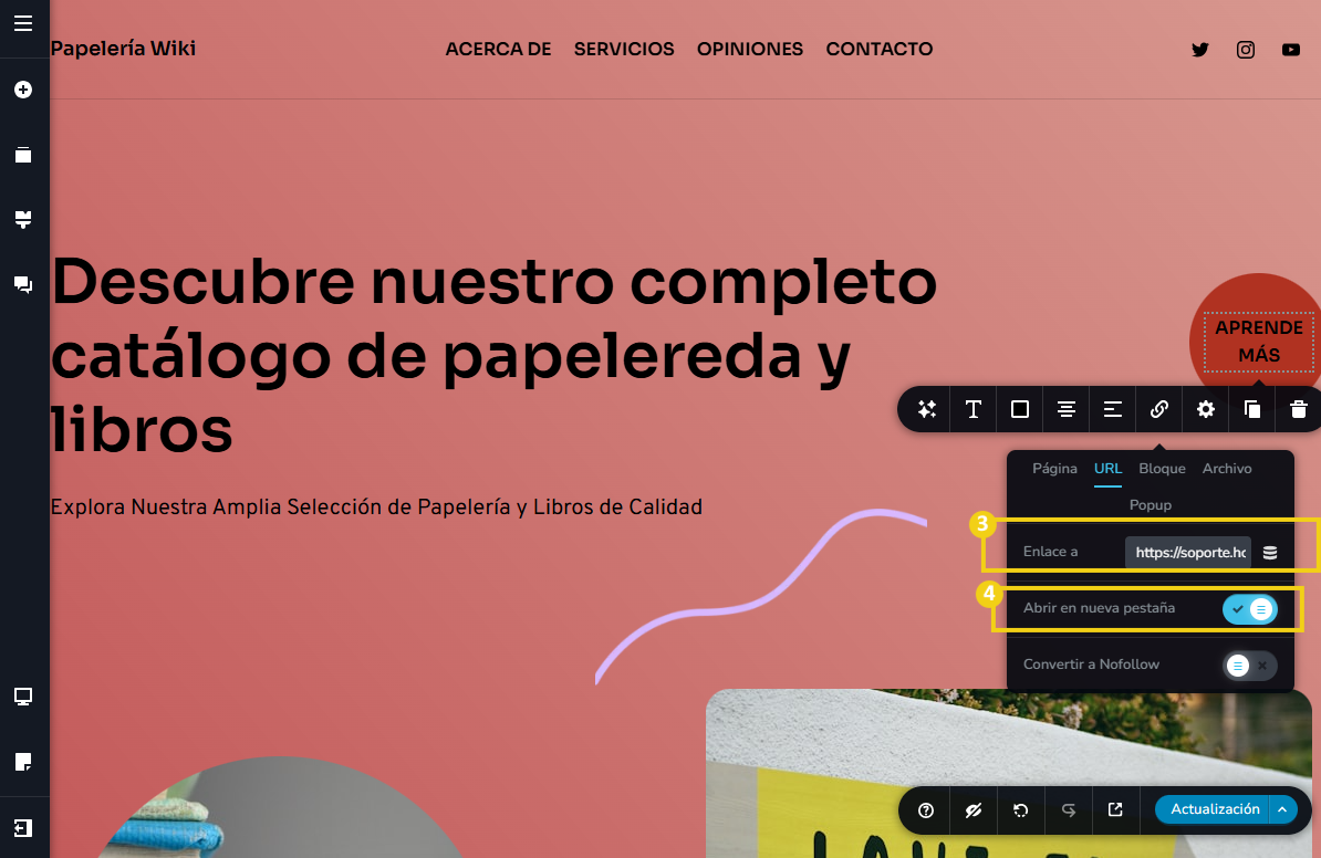 Imagen muestra el panel del editor del Creador de sitios con IA, con la marcación en la opción Enlace para, donde es para insertar el enlace y está activada la opción para abrir en nueva pestaña