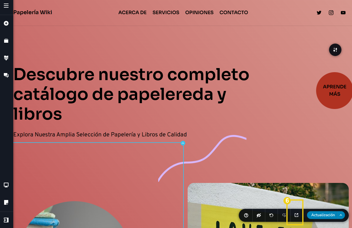 La imagen muestra el panel del editor del Creador de sitios con IA, con la marcación en el botón para previsualizar