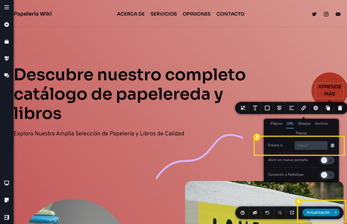 La imagen muestra el panel del editor del Creador de sitios con IA, con la marcación en el campo del enlace vacío y para guardar, la marcación en el botón "Actualización"