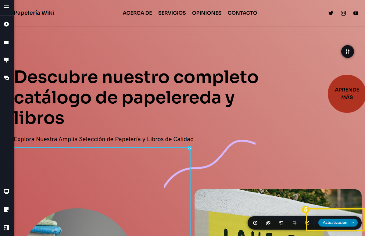 Imagen muestra el panel del editor del Creador de sitios con IA, con la marcación en el botón "Actualización"