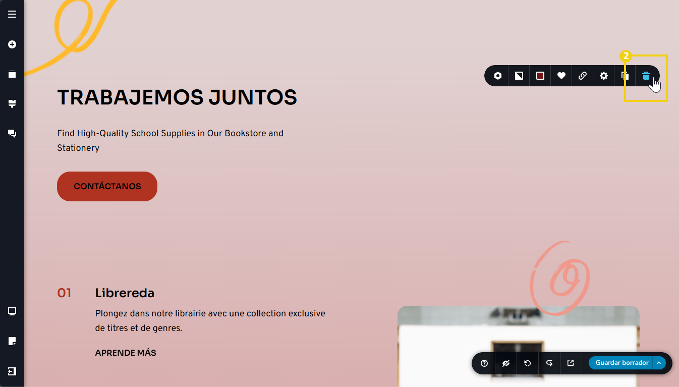 Pantalla del editor del creador de sitios con ia, con destaque para el ícono de papelera. 