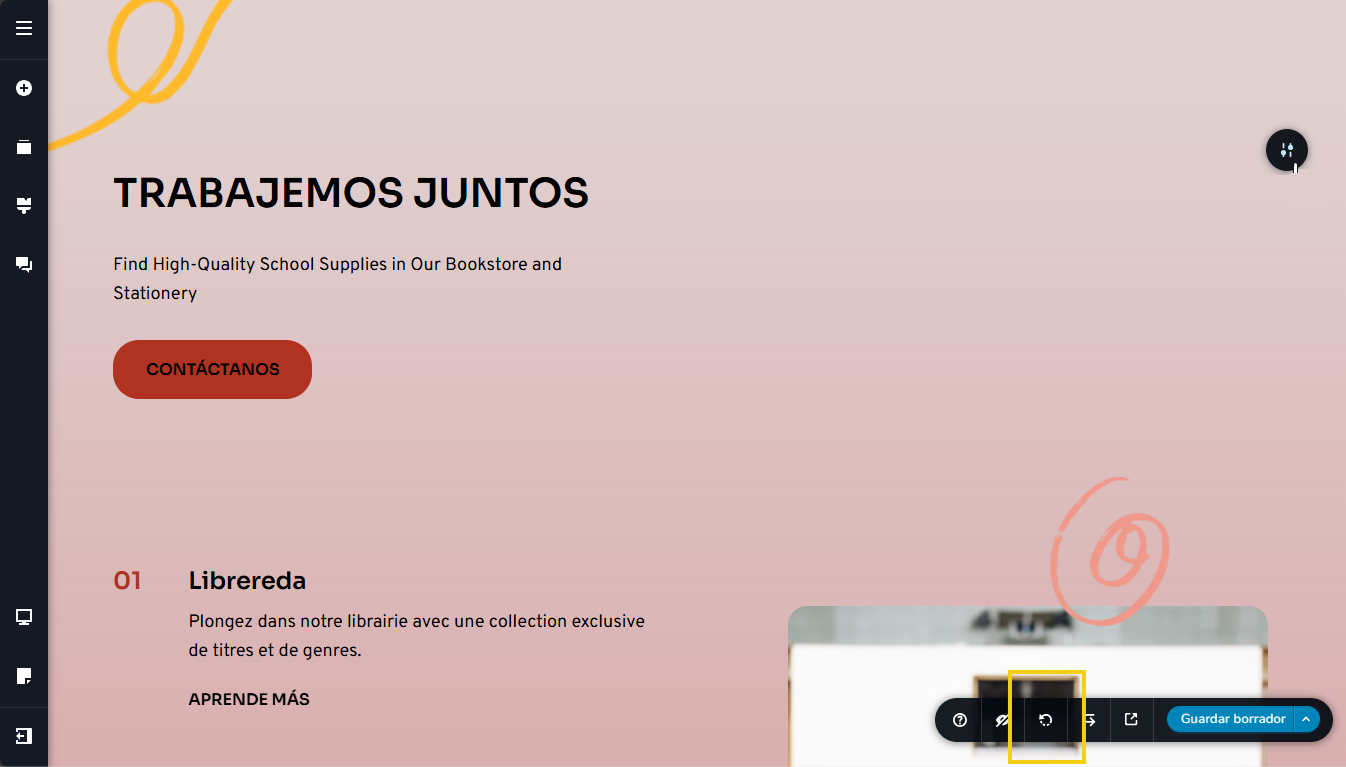 Pantalla del editor del creador de sitios con ia, con destaque para el ícono de deshacer 
