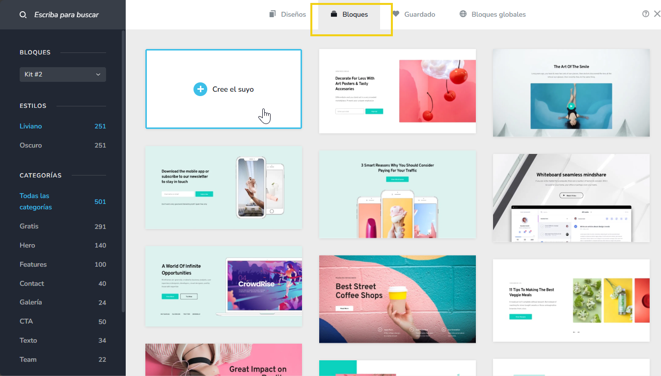 Imagen de una plataforma de creación de bloques para montar sitios de forma fácil y rápida, con varias opciones de modelos para personalizar sus proyectos online