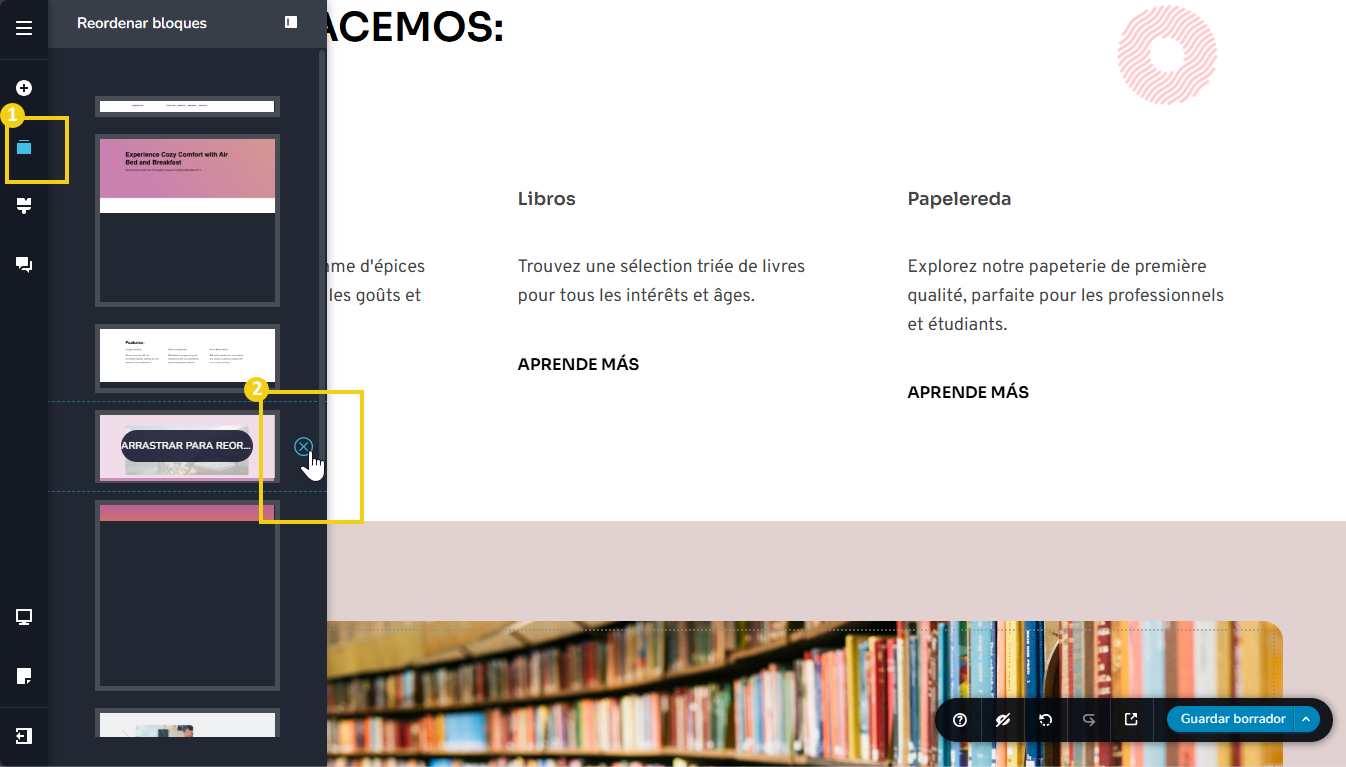 pantalla del editor de creación de sitio, destacando en el menú lateral el icono de rectángulo azul donde se muestran los bloques (secciones) de la página y el icono de x para eliminar