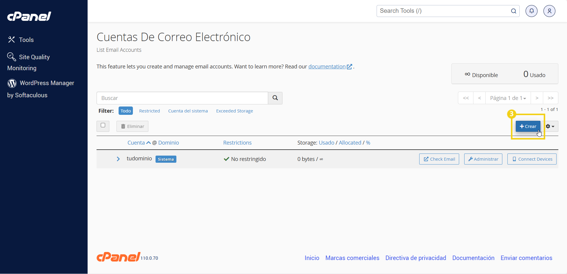 Panel de HostGator mostrando el proceso de creación de cuenta de correo electrónico en cPanel, con opción de crear nueva cuenta de correo electrónico. Destacar el botón 'CREAR CUENTA'.