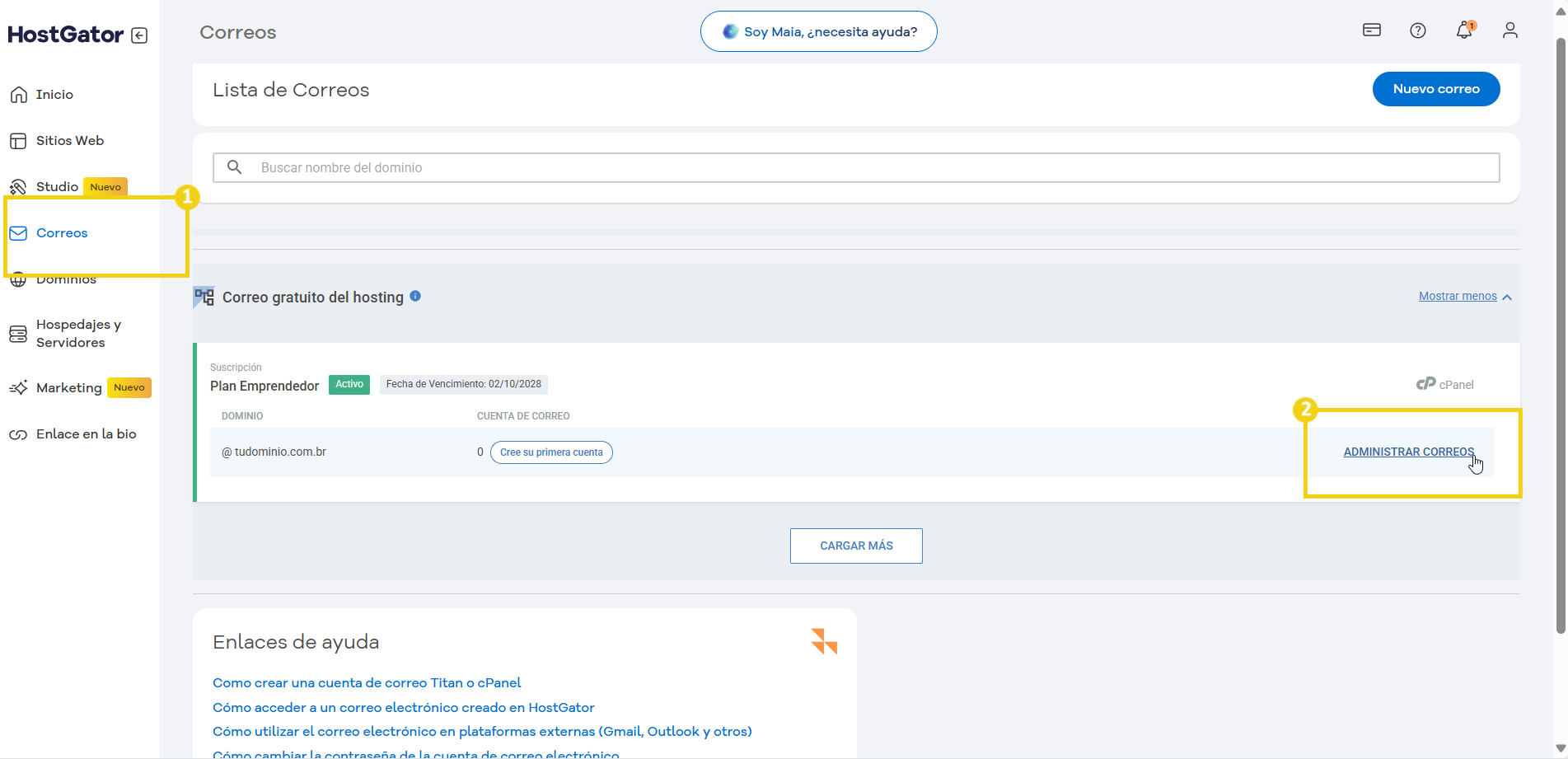 gestión de correos electrónicos en la plataforma HostGator mostrando opciones de configuración.