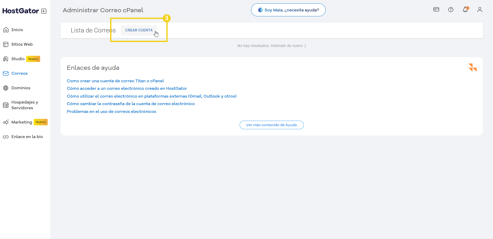 Panel de HostGator mostrando el proceso de creación de cuenta de correo electrónico en cPanel, con opción de crear nueva cuenta de correo electrónico. Destacar el botón 'CREAR CUENTA'.
