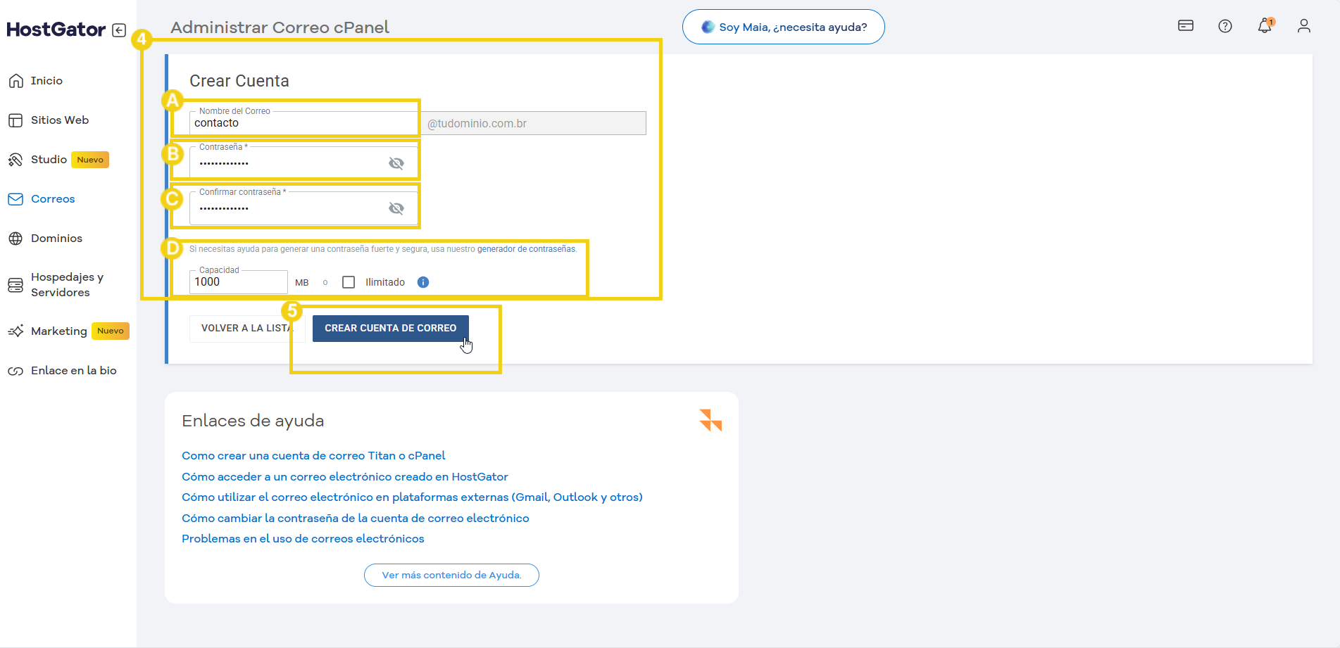 Imagen mostrando paso a paso para crear una cuenta de correo electrónico en cPanel en la plataforma HostGator, con destaque para los campos de nombre, contraseña, y clic en el botón de crear cuenta de correo electrónico.