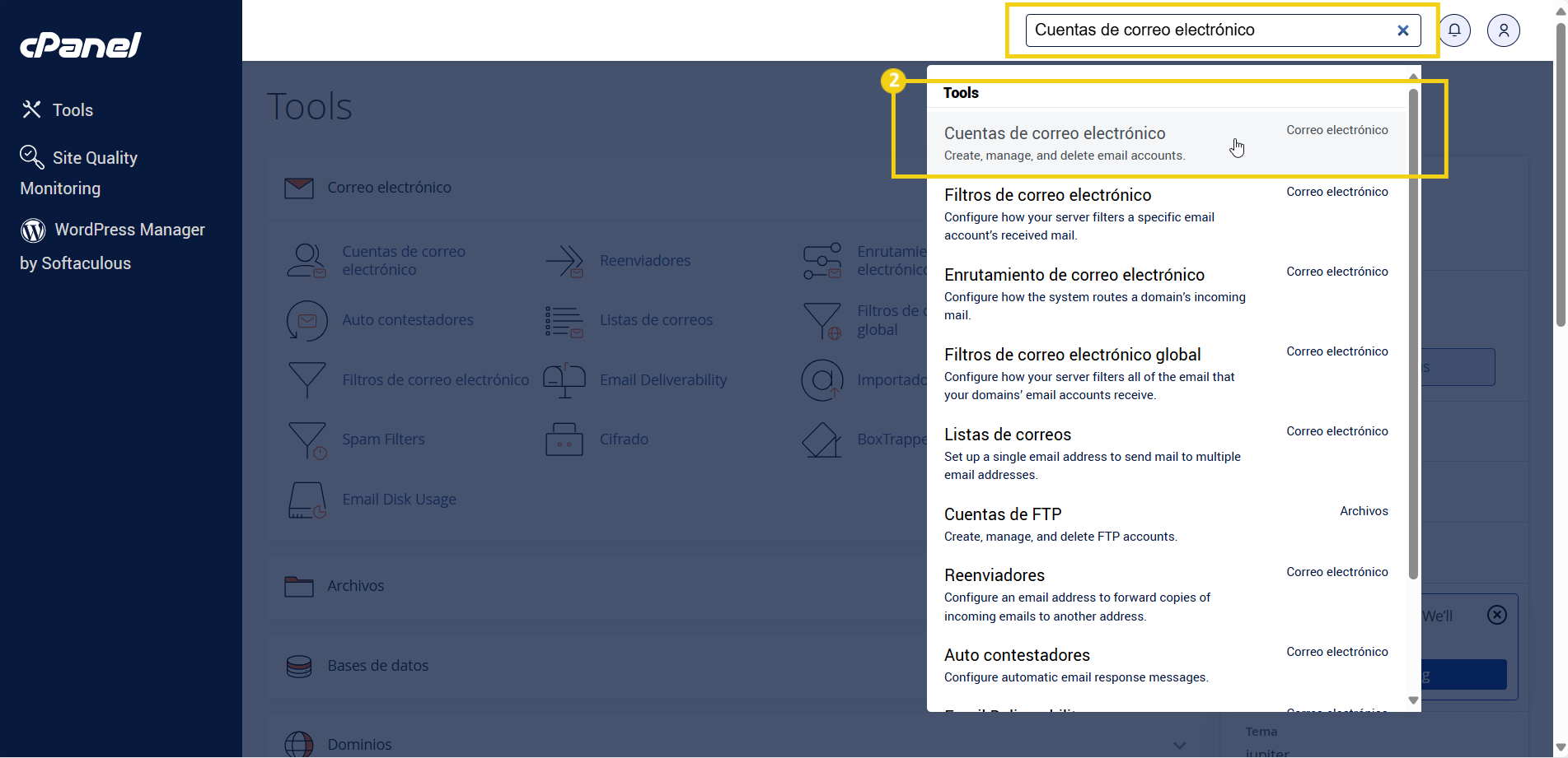 Captura de pantalla de una búsqueda por 'cuentas de correo electrónico' en el panel del cPanel, mostrando opciones de configuraciones de correo como filtros, redirección y bases de datos.