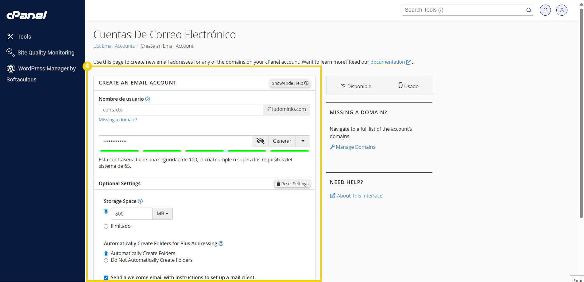 Panel de cPanel mostrando opciones para crear una cuenta de correo electrónico con configuraciones de dominio, nombre de usuario, contraseña y opciones adicionales.