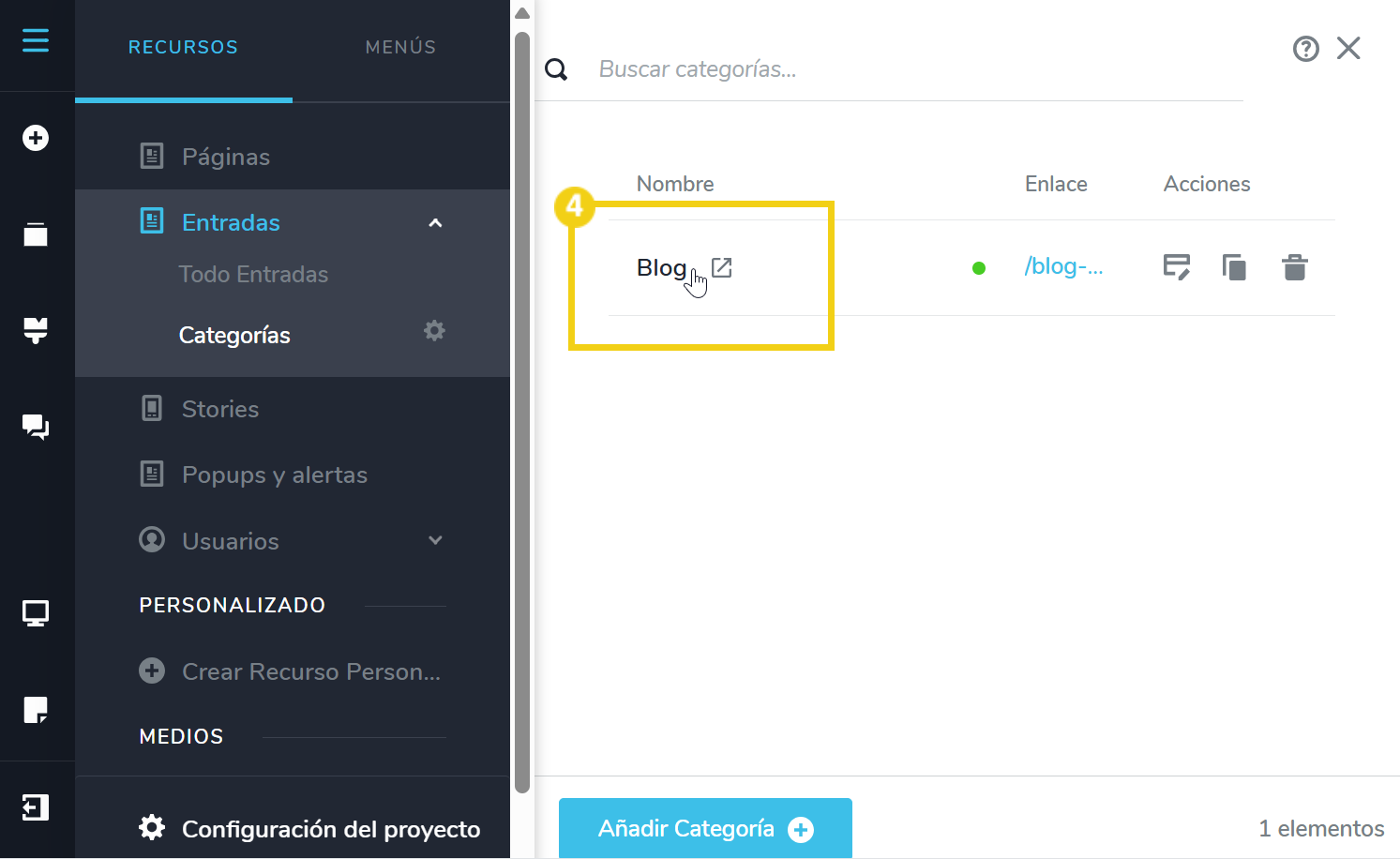 Imagen ilustrativa mostrando la adición de una nueva categoría de blog en una plataforma de gestión de contenido, destacando la opción de marcar la casilla para crear una nueva categoría
