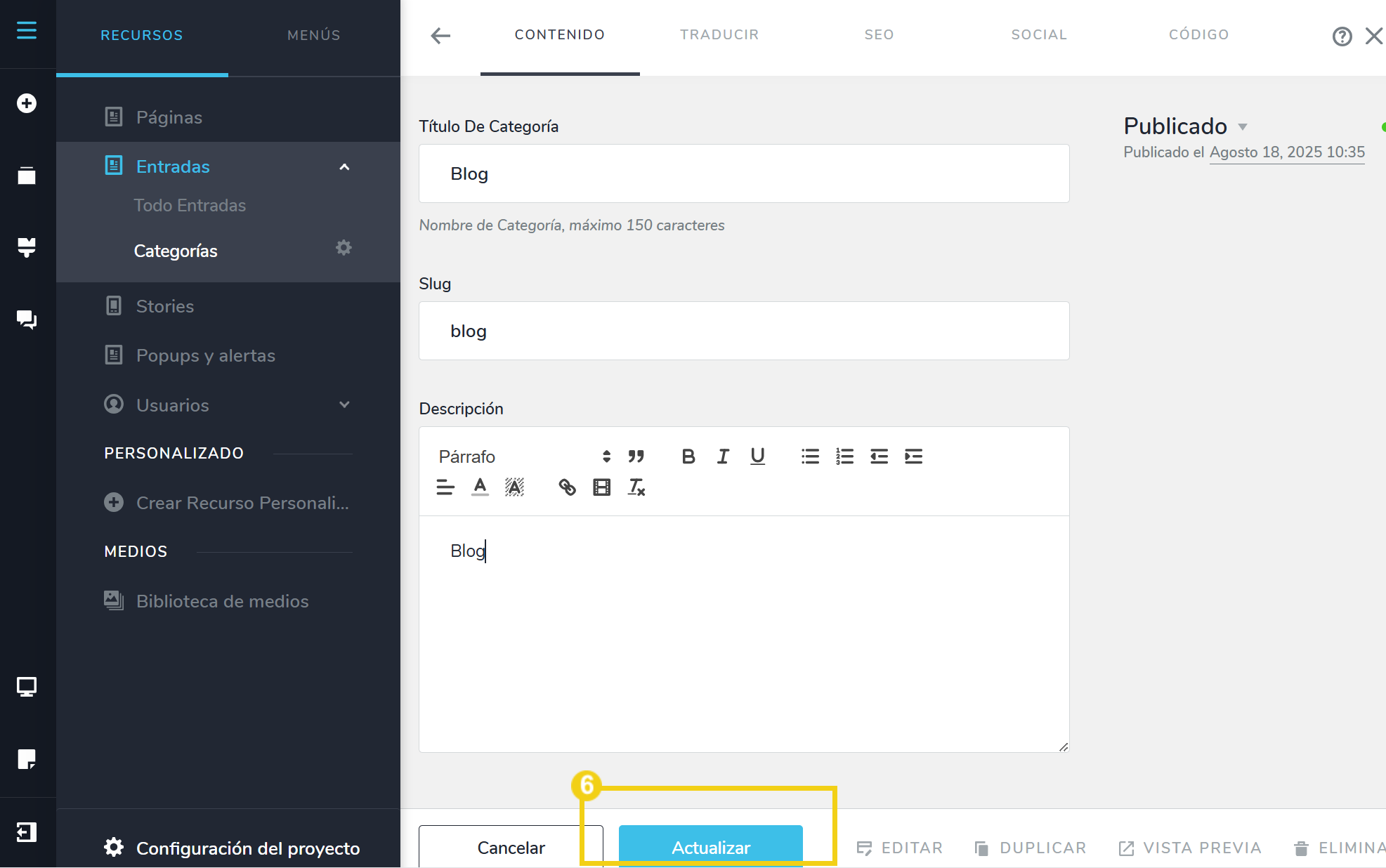 Imagen ilustrativa de una interfaz de edición de post destacando categorías y configuración de contenido para blogs