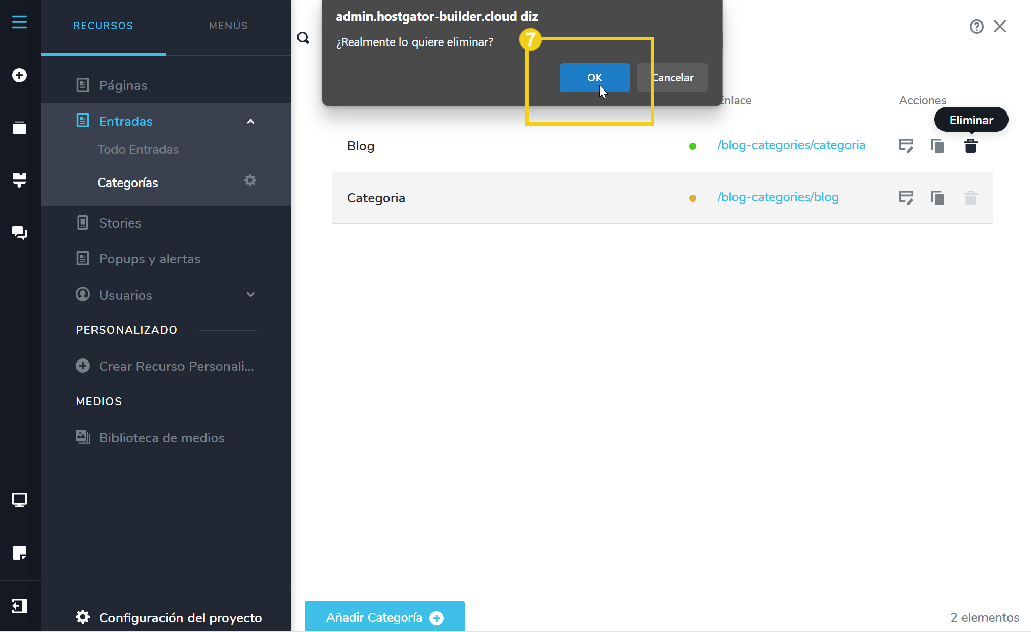  Captura de tela do painel de controle do WordPress mostrando a exclusão de uma categoria de blog, com o botão de confirmação para remoção em destaque.