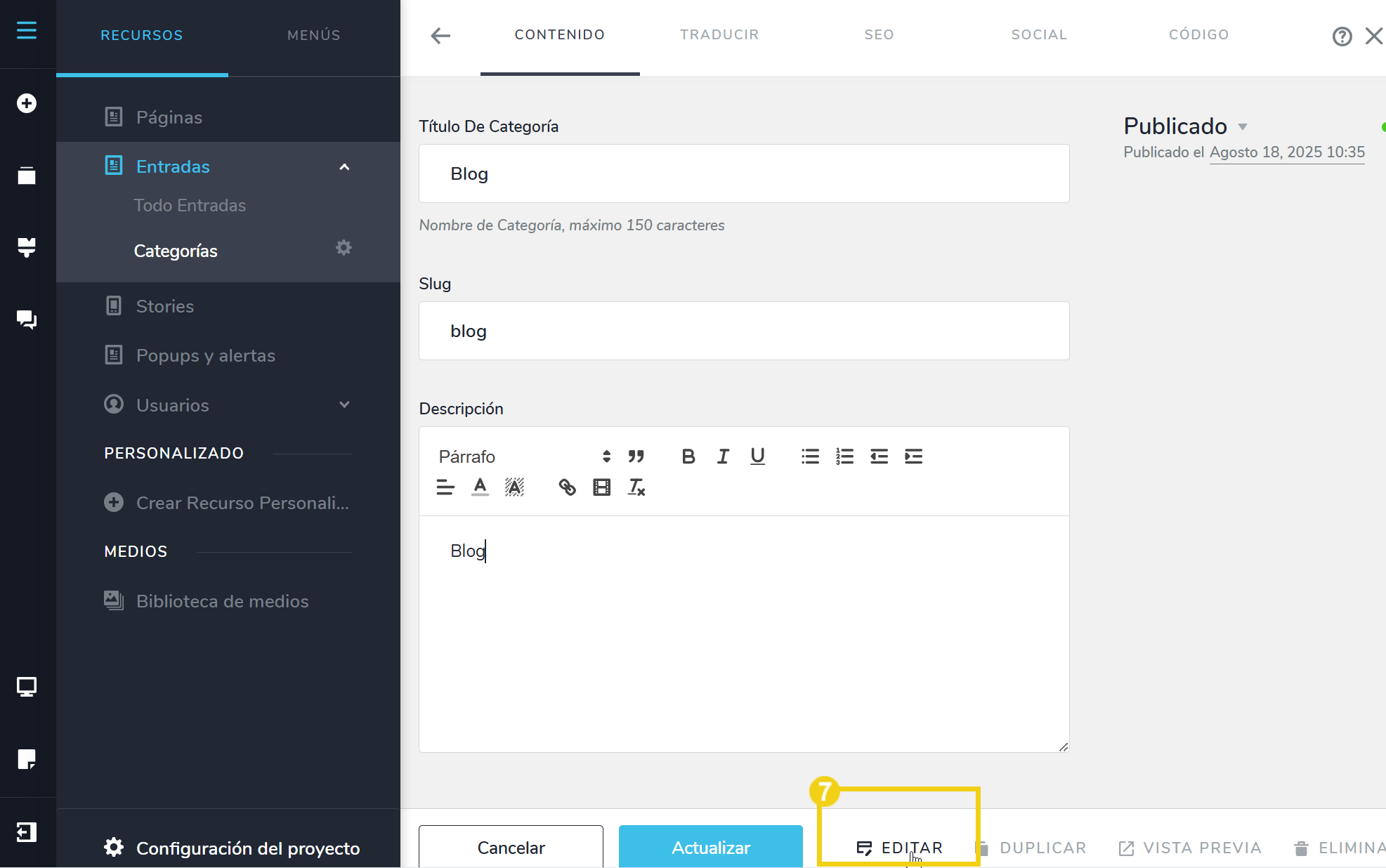 Imagen de una plataforma de gestión de contenido mostrando opciones de edición de texto y categorías en un post