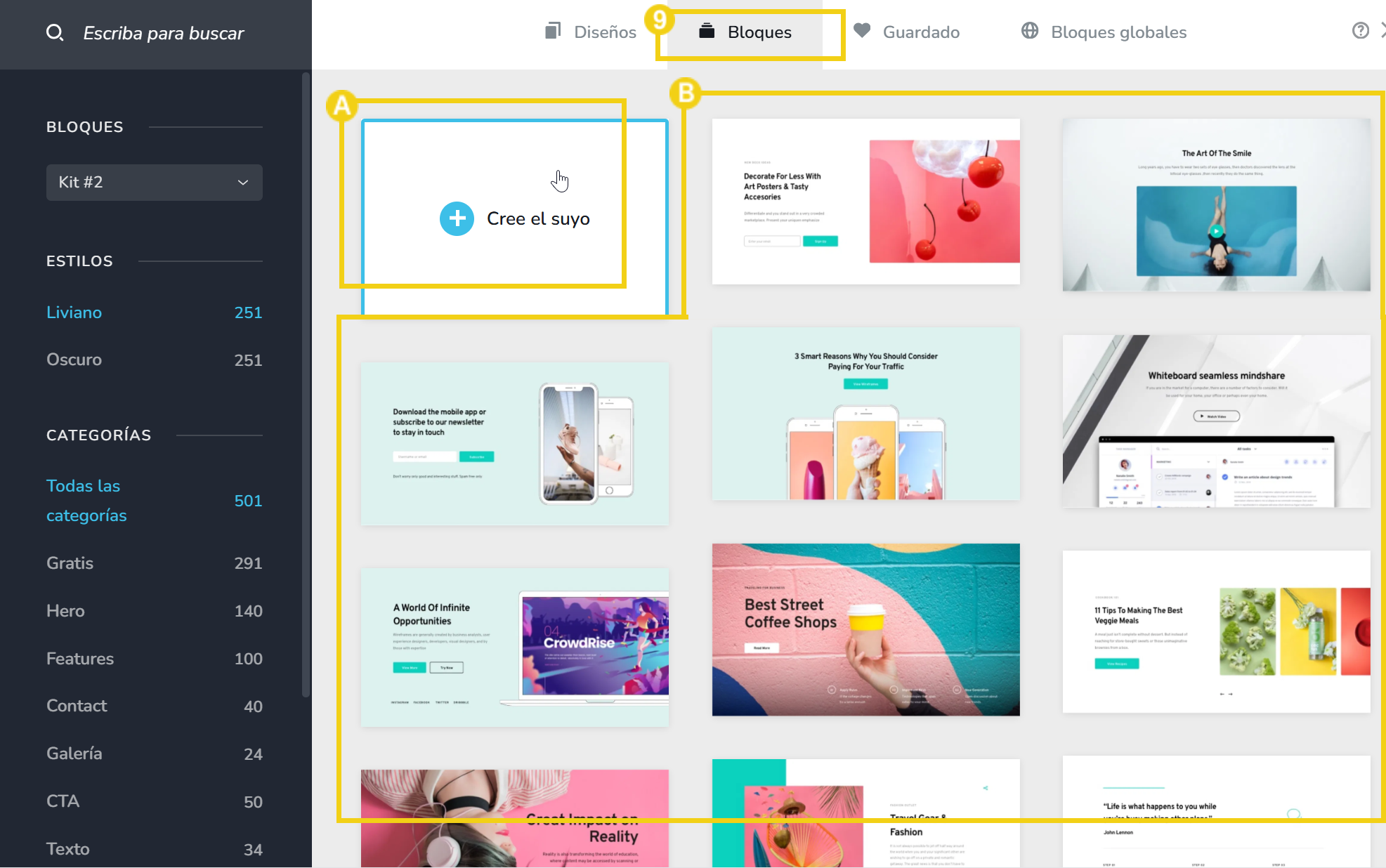 Imagen mostrando una interfaz de edición digital con bloques y plantillas de diseño