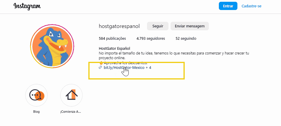 Pantalla ilustrativa mostrando un ejemplo de como aparece el link en la bio en instagram
