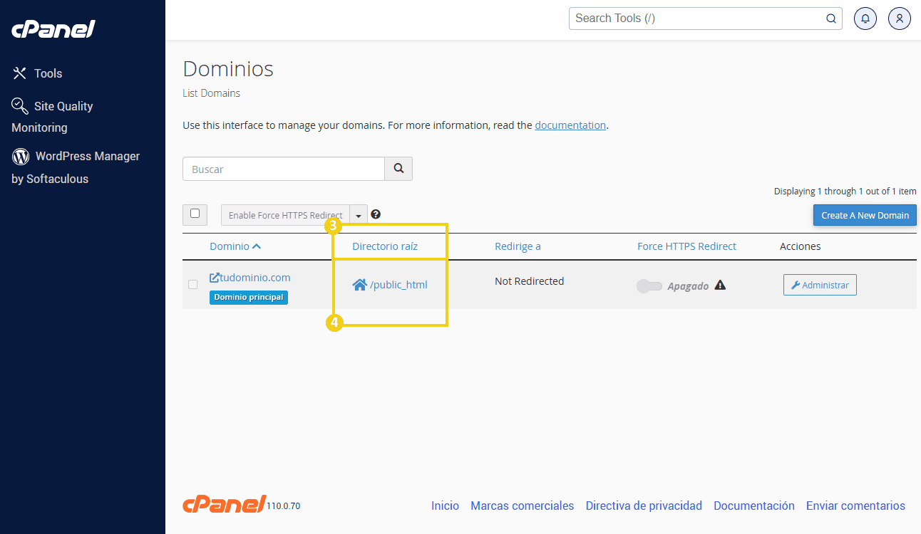 Imagen del cpanel en la parte de dominios, destacando la lista de dominios el directorio raiz que es en esta caso public html
