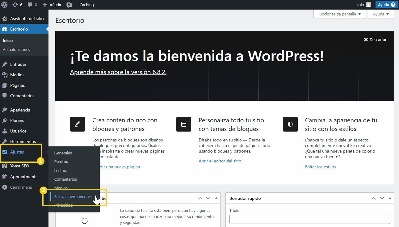 Imagen ilustrativa del panel de configuración de WordPress que muestra la opción de enlaces permanentes en el menú de la izquierda.