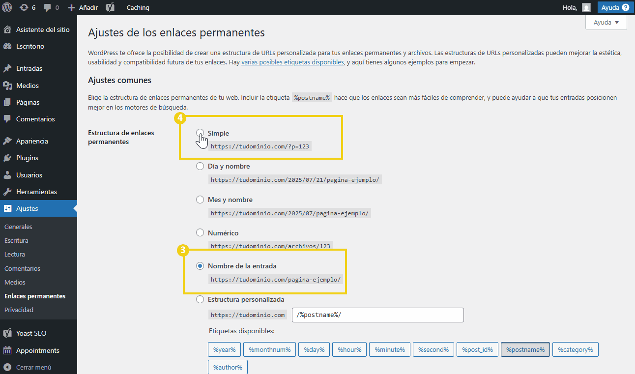 Configurações de links permanentes no WordPress mostrando opções como padrão, dia e nome, mês e nome, numérica e nome do post, com destaque para a configuração de URL personalizada.