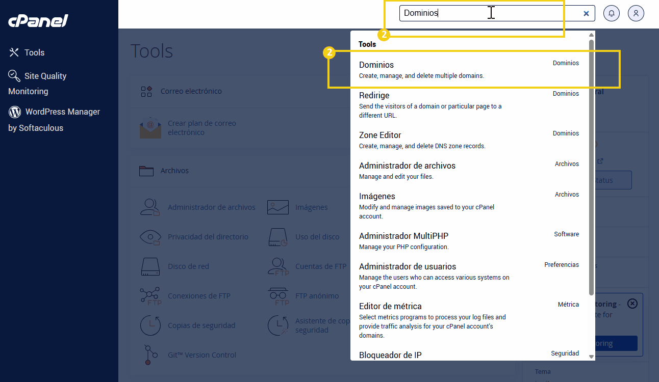 Imagen del cpanel mostrando en la barra de busqueda la palabra dominio para selecionar lo que aparece