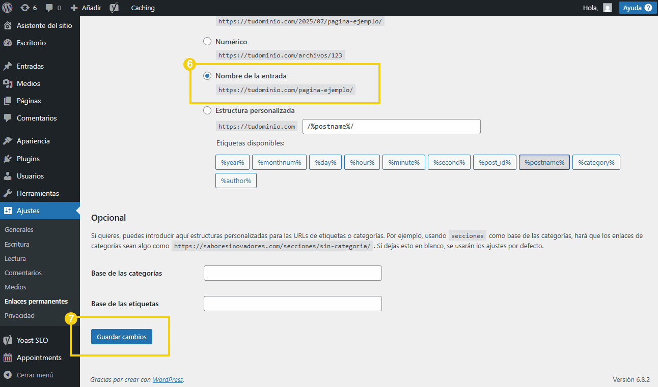 Imagen de una pantalla de configuración de enlace permanente en el panel de WordPress, resaltando la opción de guardar cambios