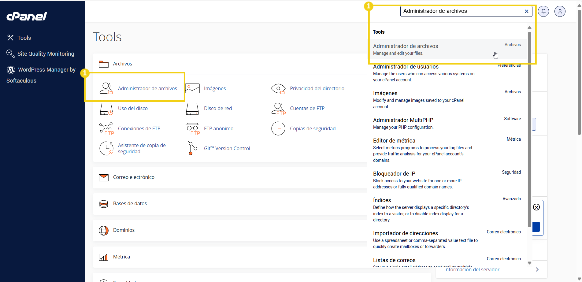 Captura de pantalla del panel de control del cPanel mostrando la herramienta 'Administrador de archivos' en destaque, con búsqueda por 'Administrador de archivos' en el campo de búsqueda.