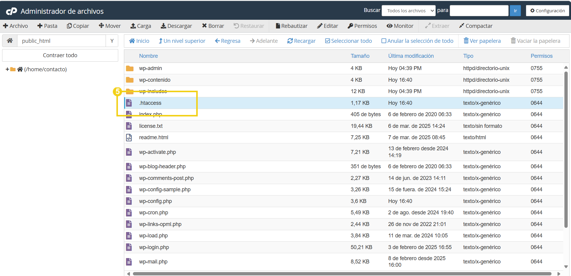 imagen mostrando dentro del cpanel en admistrador de archivos el archivo htaccess