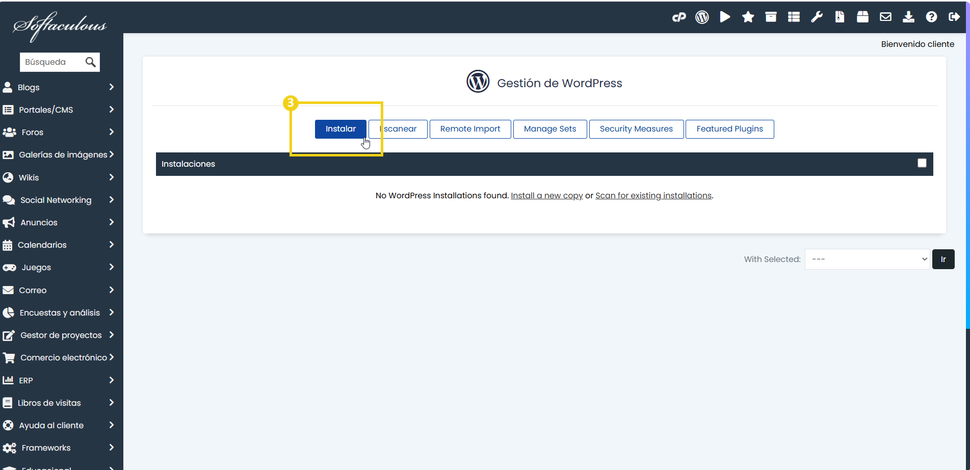 Pantalla de gestión de WordPress mostrando la opción 'Instalar' para la instalación del sistema en una plataforma de gestión de sitios.